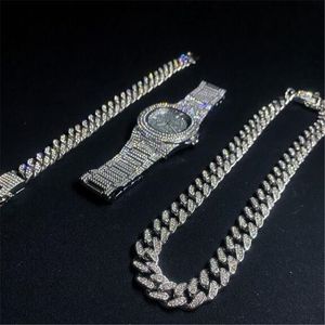 Necklace +Watch+Bracelet 3pcs kit Hip Hop Miami Curb Cuban Chain Gold Full Iced Out Paved Rhinestones CZ Bling For Men Jewelry