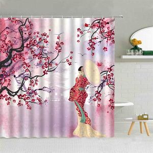 Japon Geleneksel Tema Duş Perdesi Kimono Kadın Sakura Pavilion Kuş Su Geçirmez Kumaş Banyo Dekor Kanca Perdeleri Set 211116