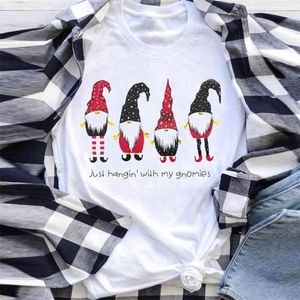 Plus Size Women Christmas T-shirt Apenas pendurado com meus gnomies carta desenhos animados impressão casual manga curta rodada coleira feminina 210517