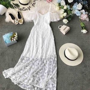 Sexy Hollow Lace Dress Kobiety Slim V-Neck Bodycon White Party Letnie Eleganckie Ladies Flory Wrap Es Vertidos Mujer 210525