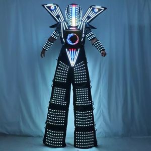 Roupas de traje de robô LED Stilt Walkin Luminous terno peito exposição capacete