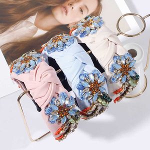 Embroidery Flower Headbands For Women Girls Crystal Rhinestone Hairbands Top Knotted Crown Hair Hoop Handmade Hair Accessories X0722