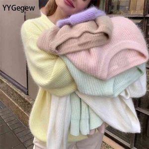 Yygegew luźne dzianiny kaszmirowe swetry kobiety zima luźne solidne pullovery ciepłe podstawowe skoczek z dzianiny 210917