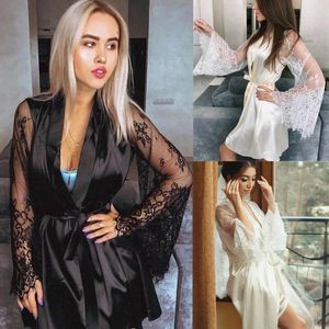 Women's Sleepwear Sexy Women Bride Robes Lingerie Transparent Summer Kimono Satin Silk Lace Belted Night Wear Gown