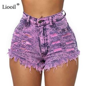 Liooil Sexy buraco sarja de denim shorts com tassel mulheres altas cintura botão zíper bolsos feminino outono lavado jeans magro 210323