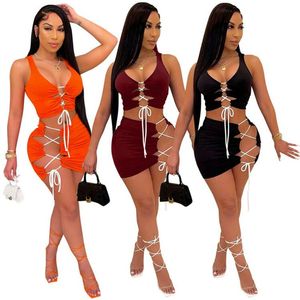 Toptan Yaz Kadın İki Parçalı Elbise Mini Etek Tasarımcı Tank Üst + Etekler Seksi Bodycon Suit Parti Abiye Casual Spor Minidress Bayan Giyim KLW6340
