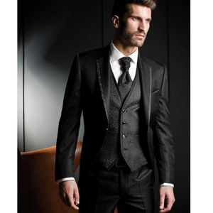 Black Harringbone Slim Fit Men Suits 3 Piece Groom Tuxedos for Wedding Prom Male Fashion Stage Set Jacket Pants Vest X0909