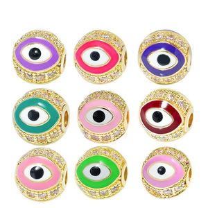 Gold Plated Enameled 8mm CZ Copper Evil Eye Beads Charm for Jewelry Bracelet Making