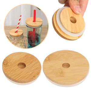 70mm / 86mm Bambu Wood Mason Pote Lid com furo de palha Silicone selo anel largo copo cobre tampas