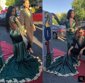 2021 Najnowsze South African Głębokie V Neck Sexy Mermaid Green Prom Dresses Gold Appliqued Backless Black Girls Długie Rękawy Party Dress Red Carpet Suknie wieczorowe