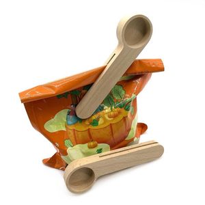 2021 Design Träkaffe Scoop med påse Clip Matsked Solid Beech Wood Mätning Te Bean Spoons Clips Gift Partihandel