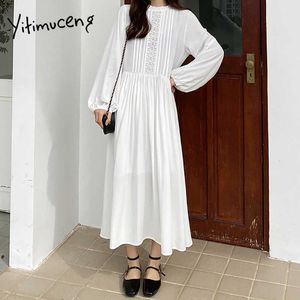 Yitimuceng Midi Suknie Dla Kobiet Koreańska Moda Oversized Ruched Sukienka Długi Latarnia Rękaw White Beige Wiosna Lato 210601