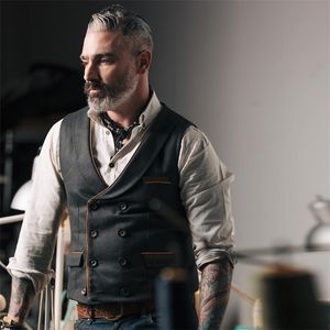 Podwójne Kamizelka Kamizelka Mężczyźni Marka Vintage Mężczyzna Bez Rękawów Waistcoat Gilet Homme Casual Slim Business Dżentelmen Kamizelki 210923