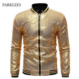 Shiny Paillettes Sparkle Bomber Jacket Uomo est Gold Glitter Striped Zipper Mens Giacche e cappotti Party Dance Show Abbigliamento 211214