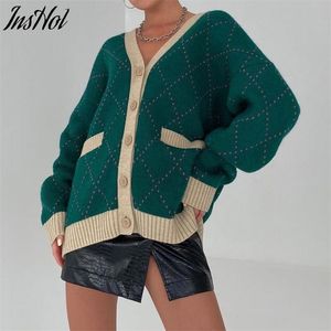 Women V Neck Knitted Cardigans Sweater Pink Houndstooth Knit Cardigan Long Sleeve Fashion Autumn Oversized Jumper 211007