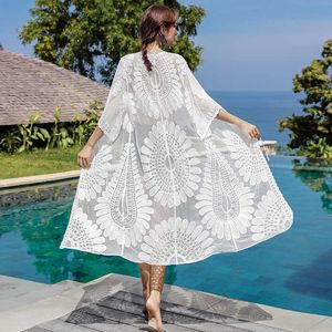 Sexy Swimsuit Cover Up Lace Beach Wear Bathrobe Coverups Swimwear Embroidery Robes for Women Floral See Through Sleepwear X0726