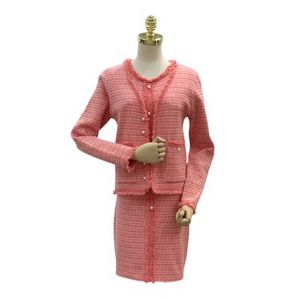 Talvez u outono rosa tweed de malha conjunto dois pedaços cardigan sem mangas veste vestido vestido de pérolas borla tassel áspero EADGE T0258 210529