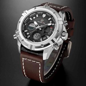 GOLDENHOUR Top Brand Men Fashion Waterproof Quartz Watch Mens Sport Army Military Wirstwatches Leather Dual Display Male Clock 210517