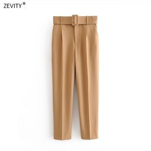 Kvinnor Mode Solid Färg Sashes Casual Slim Byxor Chic Business Trousers Kvinna Fake Zipper Pantalones Mujer Retro P575 211115