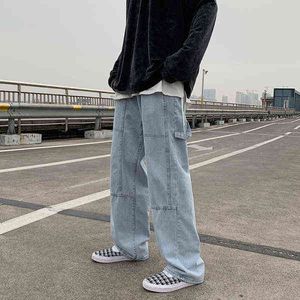 Men's trendy brand high street hip-hop jeans loose casual printing Hong Kong style fashion wide-leg pants men's clothing 0309