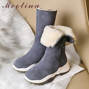 Stivali da neve in vera pelle Donna Vera pelliccia di lana Scarpe con plateau a metà polpaccio Zip Donna Inverno caldo Nero 40 210517