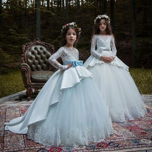 Guld Sequin Blue Girls Pageant Klänningar Toddler Ball Kappor Jewel Långärmade Formella Kids Party Gown Flower Girl Dresses for Weddings