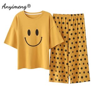 Kısa Kollu S Homeesuit Homecyes Yumuşak Baskı Mürettebat Boyun Pijama Set 100% Pamuk Kadın Pijamas Yaz 210809