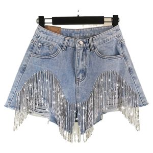 Frauen Jeans Shorts Frau Quasten Kette Sommertemperament hohe Taille Easy Dünn Student Enge Hosen Gezeitenlöcher