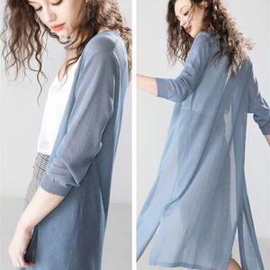 Women Midi Long Cardigan Poncho Summer Autumn Thin Silk Knitted Cardigans Female Casual Loose Sweater Coat Jacket Plus Size 2XL 211018