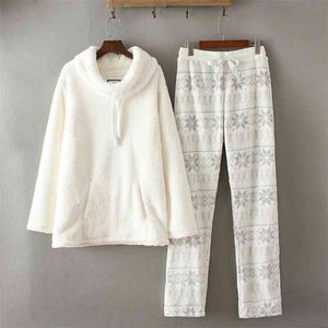 Vinter kvinnor mode lös mjuk korall fleece förtjockning casual pyjama set kvinnlig trendig färg plus storlek termisk lounge sovkläder 210830