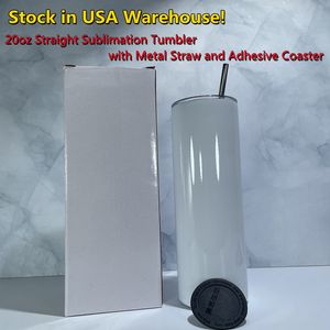 USA Local Warehouse Sublimation 20oz Straight Skinny Tumblers mit Metallstrohhalm, selbstklebenden Gummiuntersetzern, Edelstahl, doppelwandig, isoliert, Vakuum-DIY-Flasche