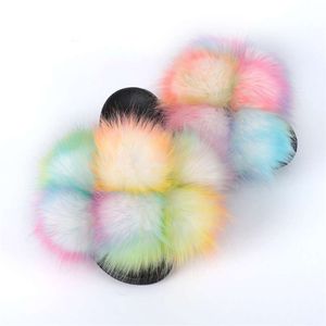 Faux Fur Slippers Summer Eva For Home Slides With Pom Pon Fluffy Fashion Flip Flop Wholesale 210928