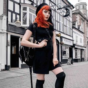Harajuku Siyah Kadın Gömlek Elbise Punk Gotik Ince Kemer ES Grunge Hip Hop Kısa Kollu Yüksek Bel Mini Yaz 210517