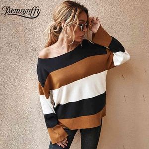 Damska Kolor Blok Dzianiny Sweter Jesień Zima Okrągła Neck Z Długim Rękawem Swetry Kobiet Casual Knitwear Jumper 210510