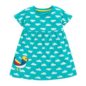 Little Maven New Summer Kids Sky Blue Duck Appliques Cloud Painting O-neck Girls 2-7yrs Short-Sleeved Cotton Knitted Dresses Q0716