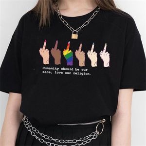 VIP HJN Humanity Should Be Our Race Love Our Religion Against Racial Discrimination Style LGBT Middle Finger Printed T Shirt 210324
