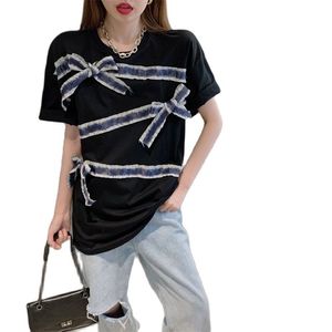 Loose and thin design sense ribbon bow round neck pullover short-sleeved T-shirt summer Korean fashion women's clothing 210520
