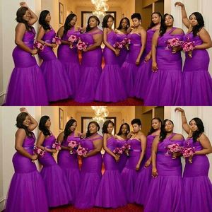 2021 African Purple Mermaid Bridesmaid Dresses One Shoulder Sweetheart Tulle Sleeveless Sashes Party Wedding Guest Gowns Maid Of Honor Dress