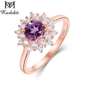 Natural Amethyst Gemstone Rings for Women Sterling Silver Round Cut Stone Rose Gold Ring Wedding Gifts Fine Jewelry