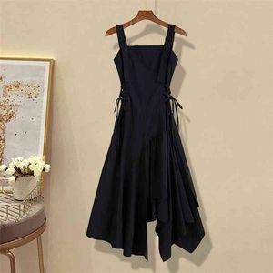 Korean Fashion Streetwear Irregular Black Summer Dress Women Casual Bandage Long Female Sleeveless Sexy Robe Femme 210514