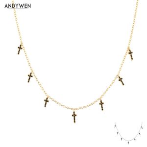 ANDYWEN Sterling Silver Winter Black Zircon Cross Charm Choker Long Chain Necklace Fashion Jewelry Fine Party Tiny Jewe