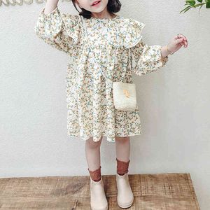 Spring Party Girls Dress Fashion Children's Long-sleeved Ruffled Flower Print Princess Cute Kid Clothes 3-7Y 210515