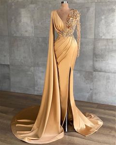 Split Mermaid V Neck Evening Dresses 2022 champagne gold Long Sleeve Beaded Middle East Dubai Robe De Soiree Prom Party Gowns