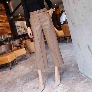 Spring Women PU Leather Pants Belted High Waist Faux Ladies Trousers Winter Brand Wide Leg 818G 210915