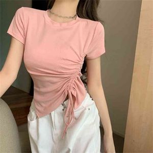 Korean style Summer Short Women T-shirt O-Neck Folds Sleeve Female Tee Slim T-Shirt Casual Solid Sexy Lady Tshirt Tops 210507