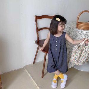 Verão Bebê Bonito Meninas Listrado Mangas Sem Mangas Jumpsuits Estilo Japonês Crianças Solto Casual Joelho-Lenço Calças 210615