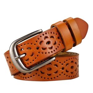 Belts 2021 Alloy Pin Buckle Genuine Cow Leather Belt For Women Casual Embossing Hollow Woman Brown