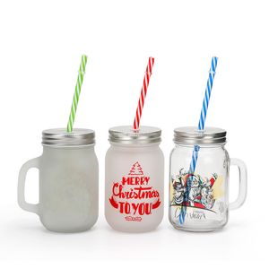 400ml Sublimation Blanks Glass Mason Jar Mugs Mason Cans with Straws 500ml Clear Drinking Glass Bottle Juice Mug with handle