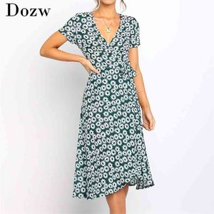 Kadın Yaz Uzun Elbise Boho Tarzı Çiçek Baskı Plaj Kısa Kollu Zarif Parti Bodycon Sundress Vestidos XXL 210515