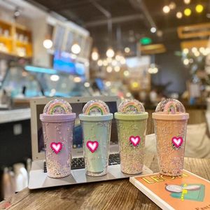 Cute Rainbow Water Cup Double Plastic with Straws Mugs PET Material for Kids Adult Girlfirend Gift Products